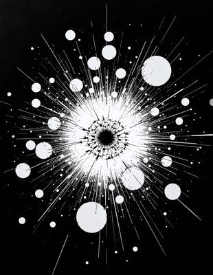 The primary subject of the image is a bright, white, and black starburst pattern. The setting is a black background, which contrasts with the white and black starburst pattern. The visual style is a combination of digital art and illustration, creating a unique and eye-catching design. The colors and mood of the image are predominantly white and black, with a hint of brightness from the starburst pattern, giving it a modern and sleek appearance.